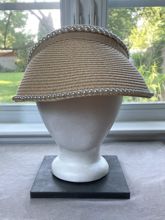 Renato Balestra, Italy, Paper Straw Visor, Faux Pearl Sun Hat, Resort Chic, Lux main image 10